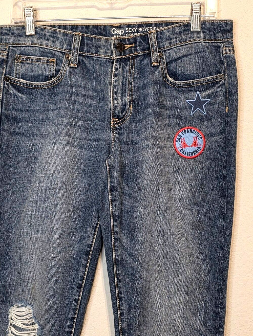 Gap Sexy Boyfriend Fit Blue Jeans Distressed Denim Patches Size 2/26A